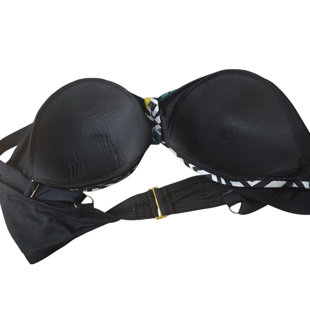 Swim Outfitters Womens 2X Bikini Top Tropical Monstera Geometric Underwire Black